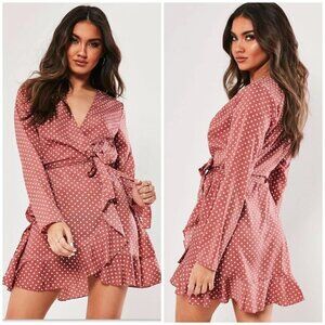 NWT Missguided Sz 2 Wrap Front Ruffled Dot Tea Dress Belt Silky Pink Brown xs